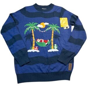 Tipsy Elves Mens Novelty Santa In Hammock Christmas Sweater Striped‎ Blue Size S